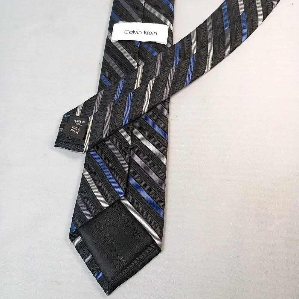 Calvin Klein REPP Stripe Tie Black Blue‎ Silver 100% Silk Men's Neck Tie 54